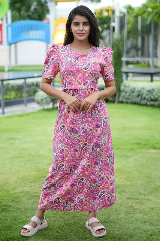 Zipless Feeding Maternity Wear with Puff Sleeve Pink Rangoli