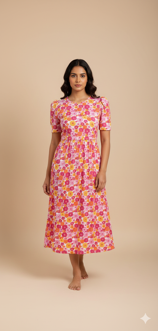 Capri Feeding Wear with Puff Sleeve Pink Yellow