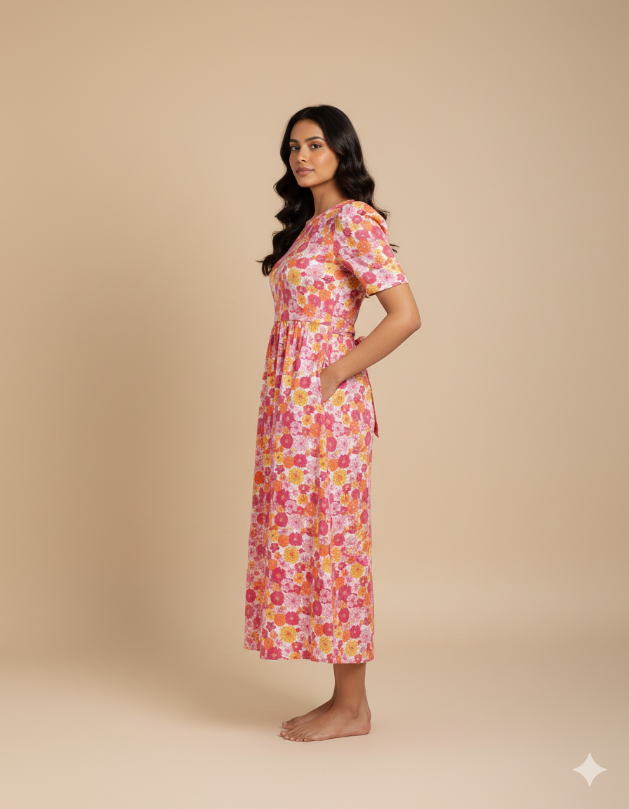 Capri Feeding Wear with Puff Sleeve Pink Yellow