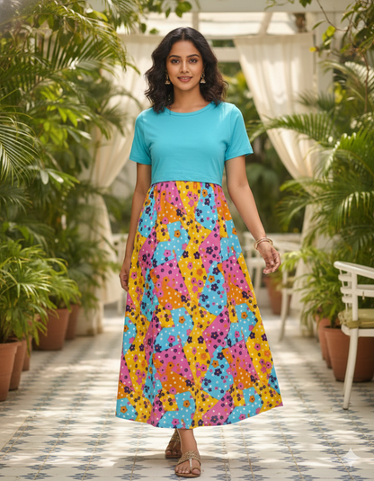 Zipless Feeding Maternity Wear without Puff Sleeve Plain Aqua Multicolor