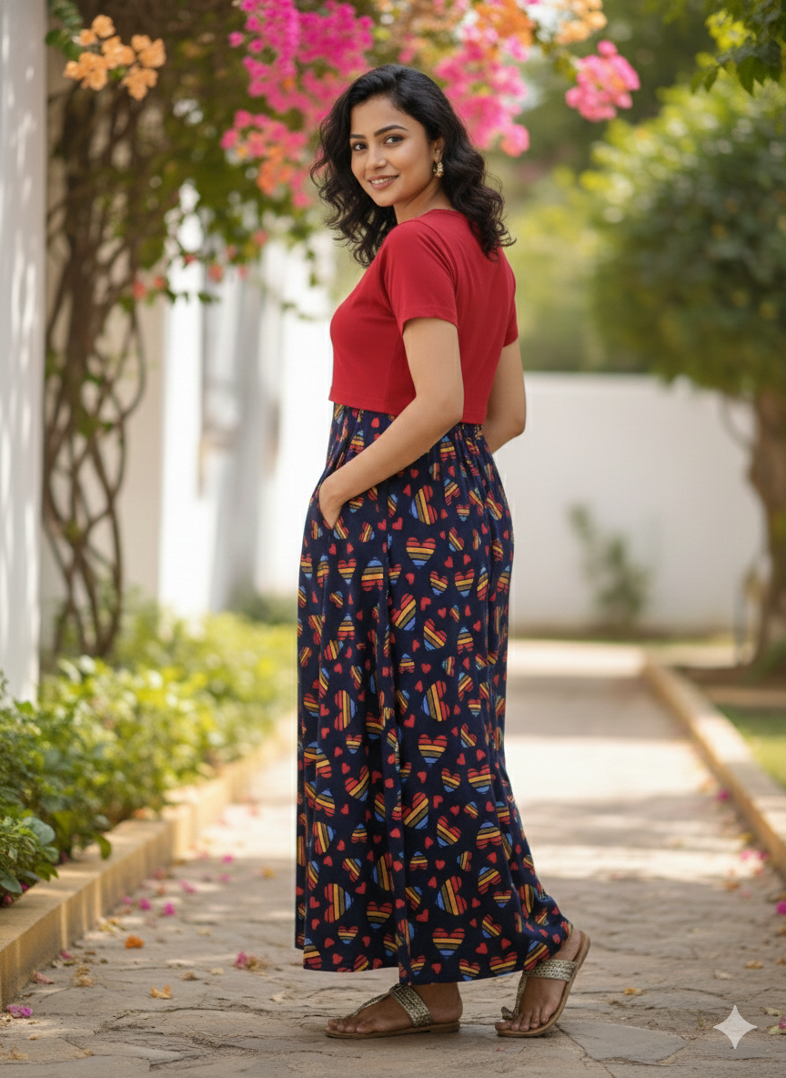 Zipless Feeding Maternity Wear without Puff Sleeve Plain red Multicolor