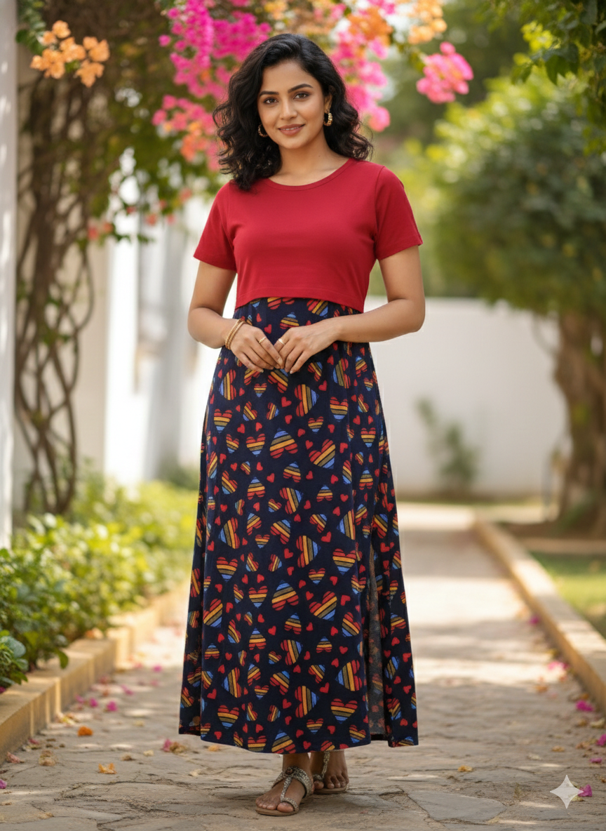 Zipless Feeding Maternity Wear without Puff Sleeve Plain red Multicolor
