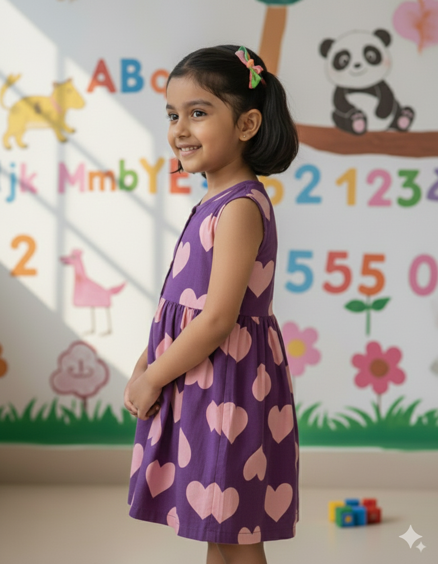 Girls Cute Printed Frocks Combo of 3 Pink Blue dye Blue Star Purple Big Heart