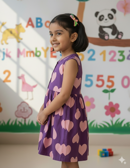 Girls Cute Printed Frocks Combo of 3 Pink Blue dye Blue Star Purple Big Heart