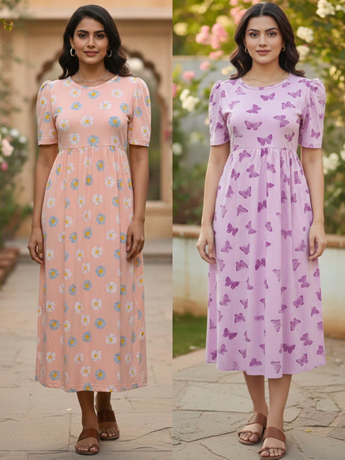 Purple B &  Orange Daisy Printed Maxi Dress Combo for Women