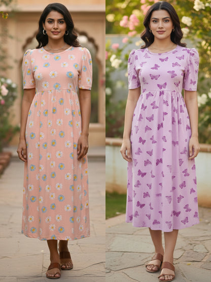 Purple B &  Orange Daisy Printed Maxi Dress Combo for Women