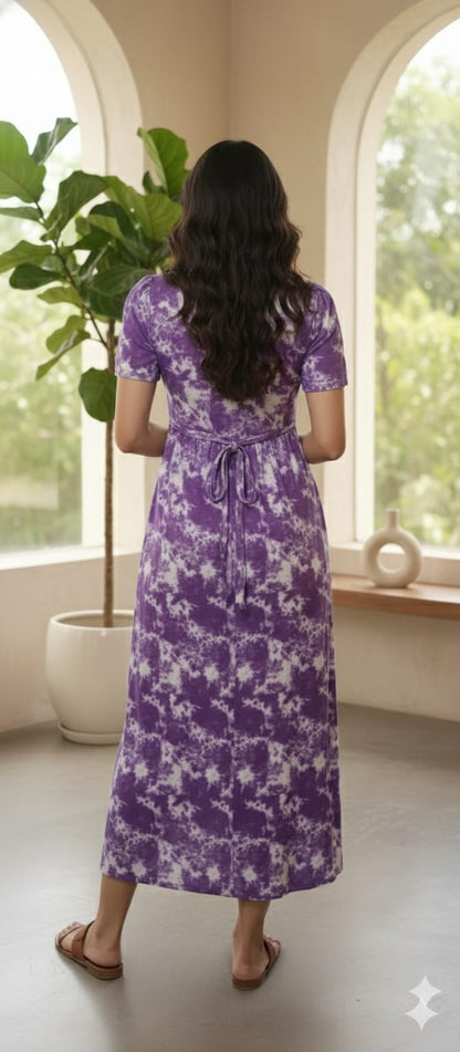 Zipless Feeding Maternity Wear with Puff Sleeve Purple Dyed