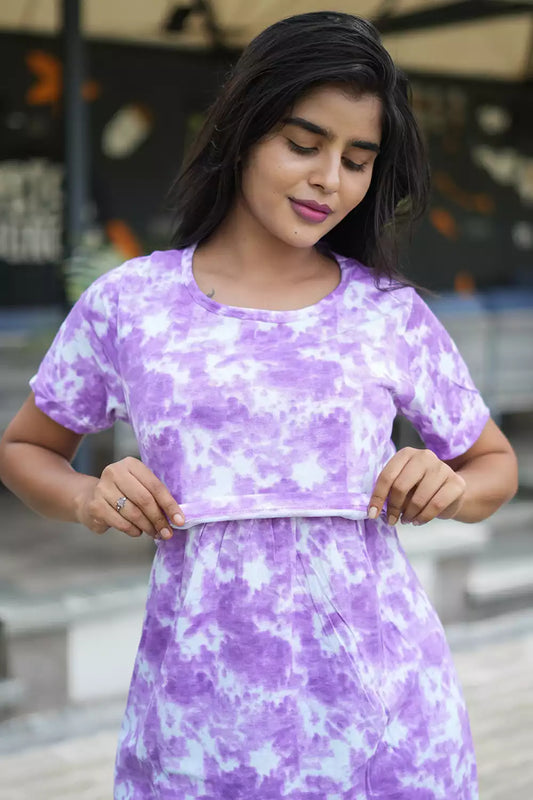 Zipless Feeding Maternity Wear without Puff Sleeve Purple Dyed