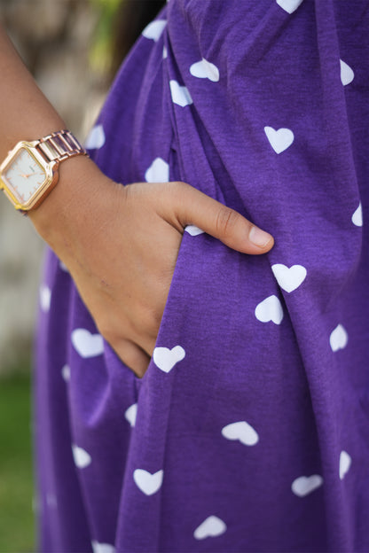 Zipless Feeding Maternity Wear with Puff Sleeve Purple White heart