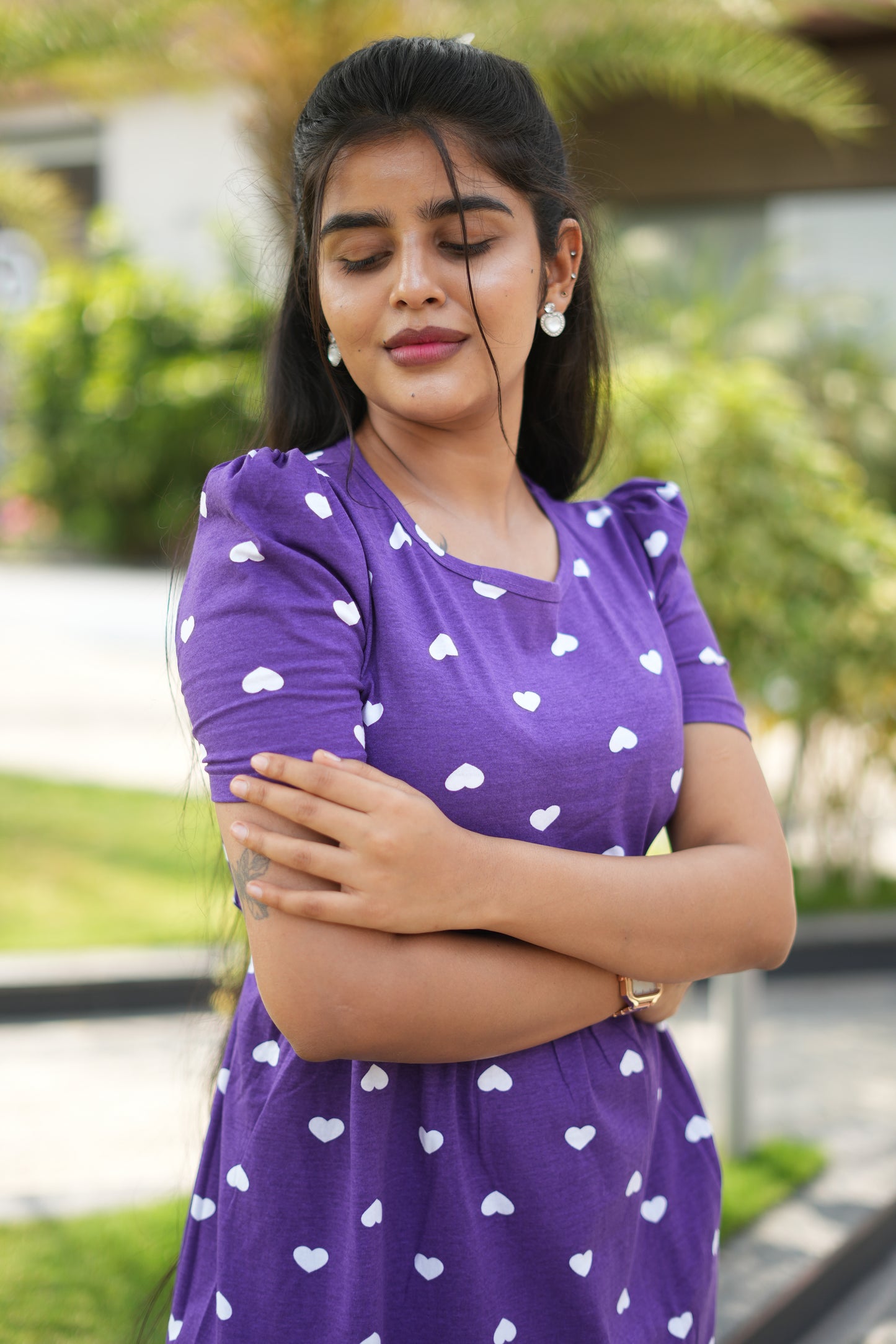 Zipless Feeding Maternity Wear with Puff Sleeve Purple White heart