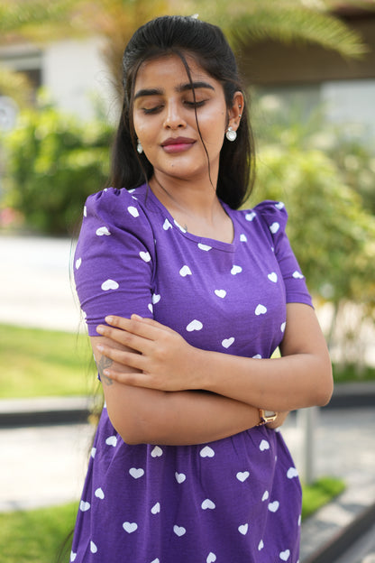 Zipless Feeding Maternity Wear with Puff Sleeve Purple White heart