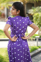Zipless Feeding Maternity Wear with Puff Sleeve Purple White heart