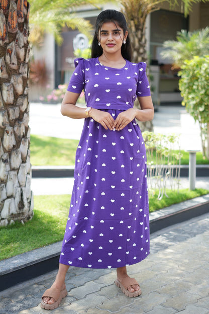 Zipless Feeding Maternity Wear with Puff Sleeve Purple White heart