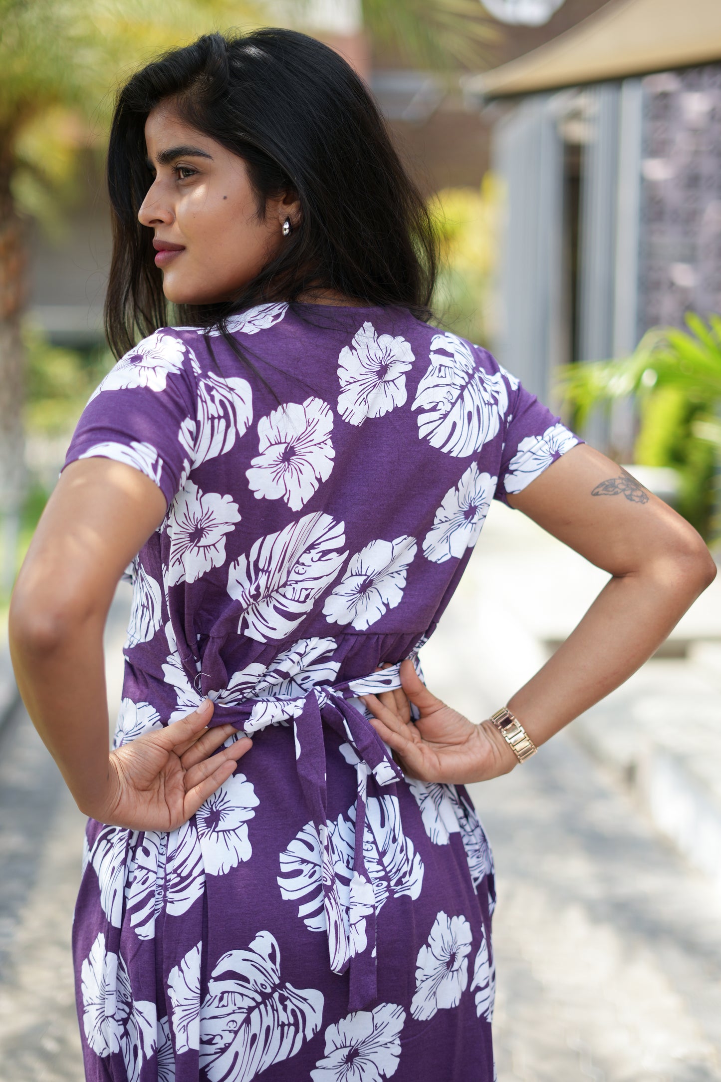 Zipless Maternity Wear Feeding with Shawl Purple White leaf