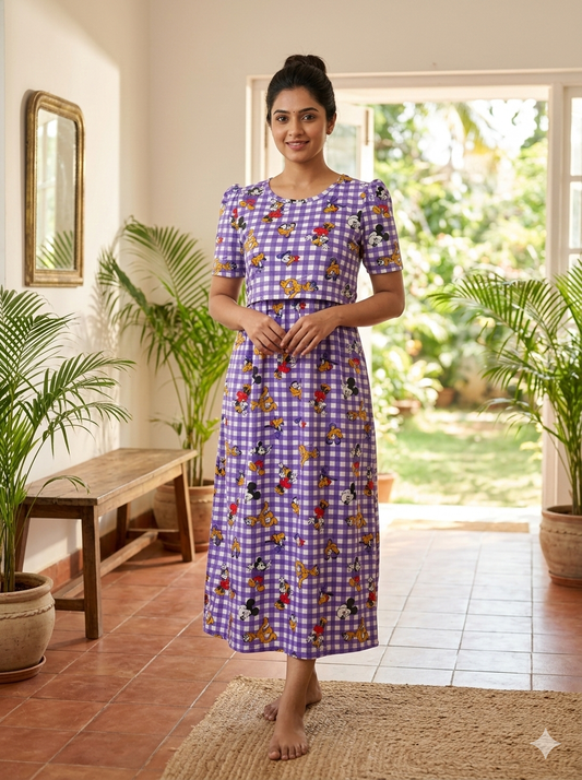 Capri Feeding Wear with Puff Sleeve Purple Checks