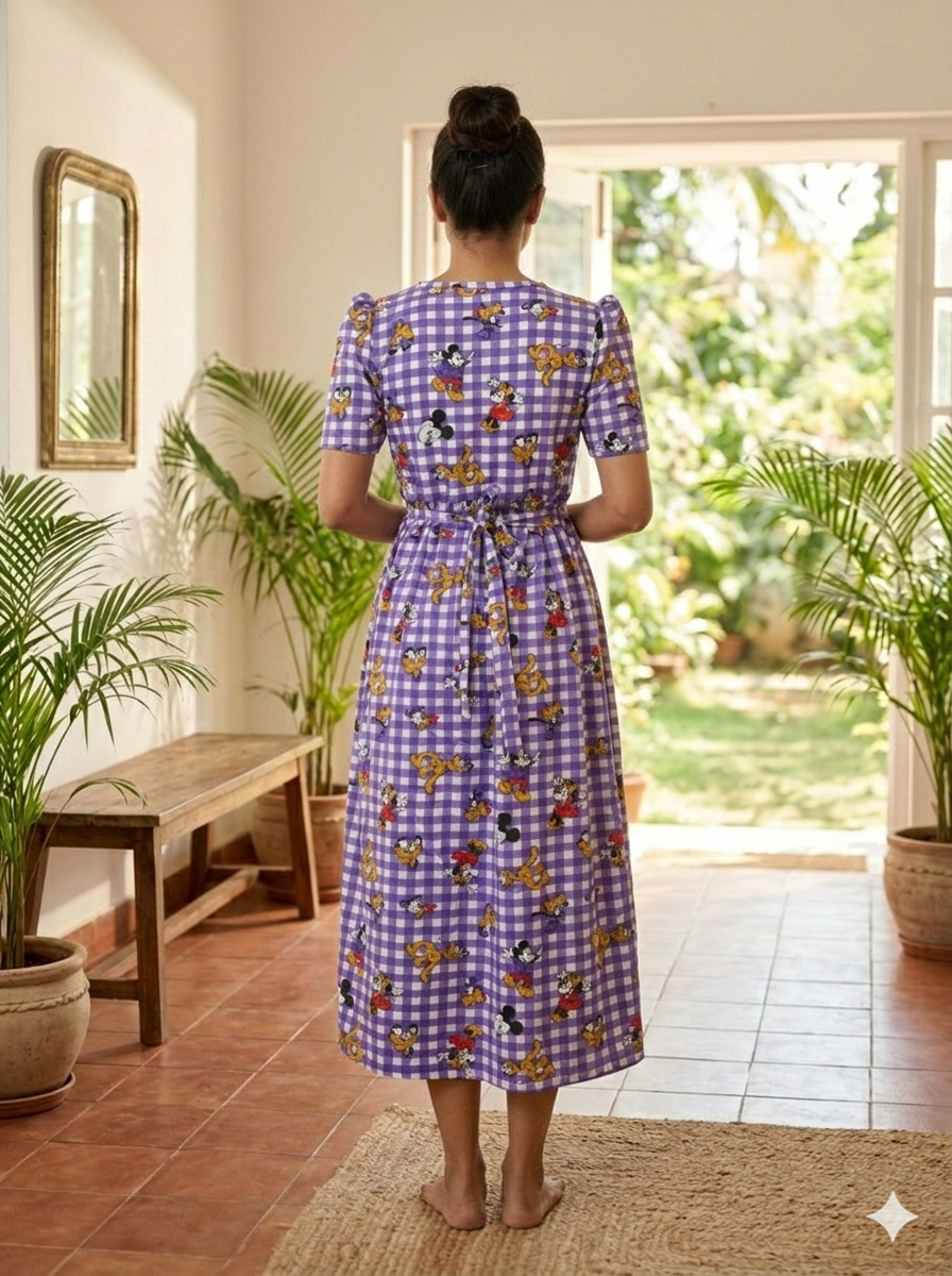 Capri Feeding Wear with Puff Sleeve Purple Checks