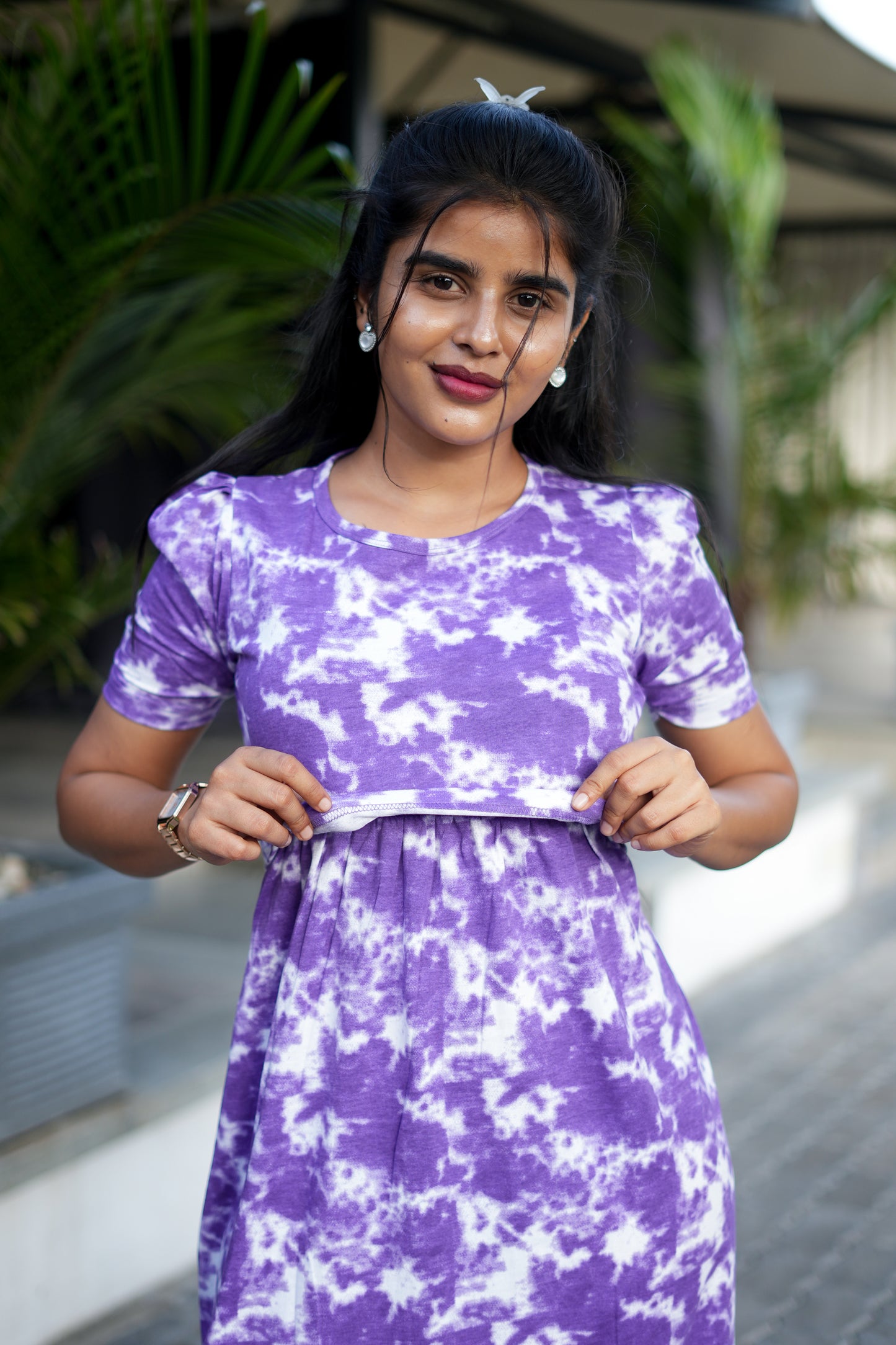 Zipless Feeding Maternity Wear with Puff Sleeve Purple Dyed