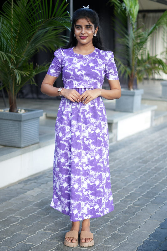 Zipless Feeding Maternity Wear with Puff Sleeve Purple Dyed