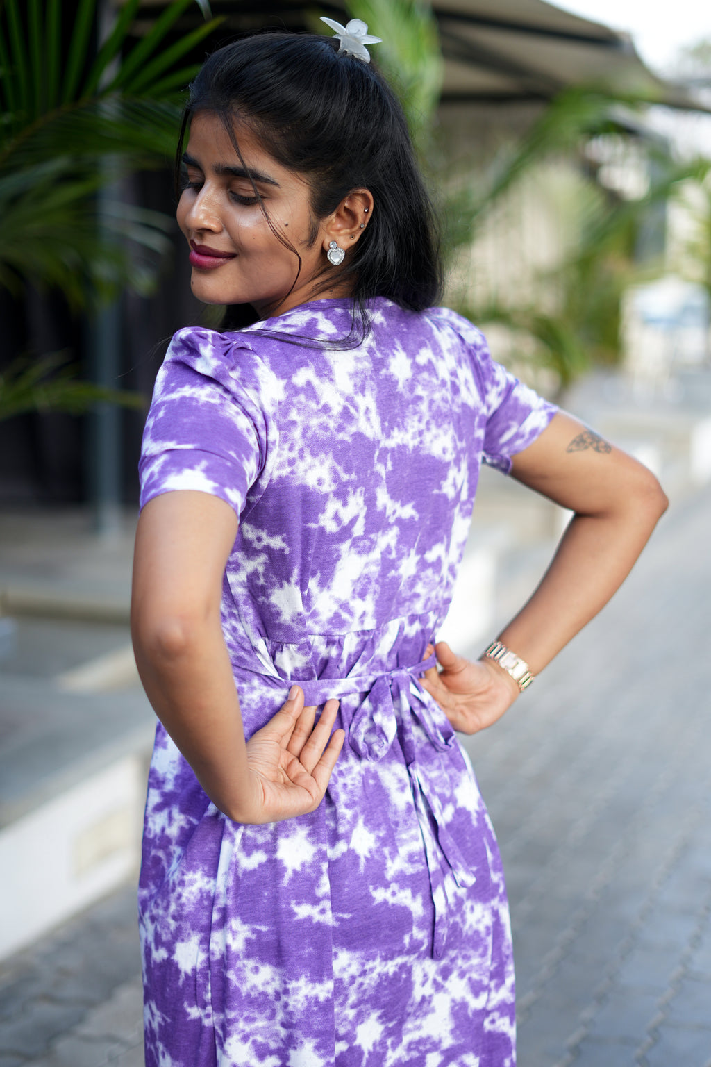 Zipless Feeding Maternity Wear with Puff Sleeve Purple Dyed