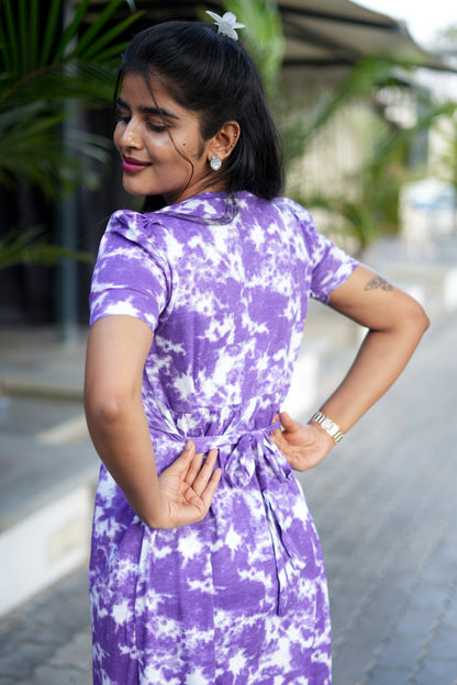 Zipless Feeding Maternity Wear with Puff Sleeve Purple Dyed