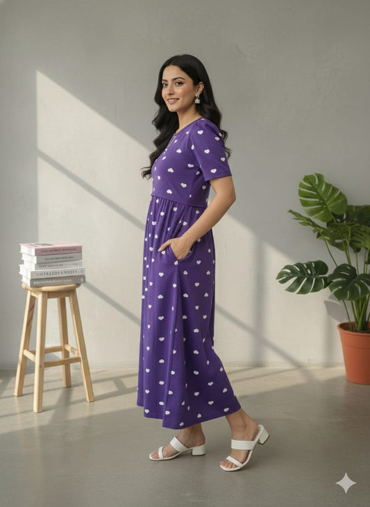 Zipless Feeding Maternity Wear with Puff Sleeve Purple White heart