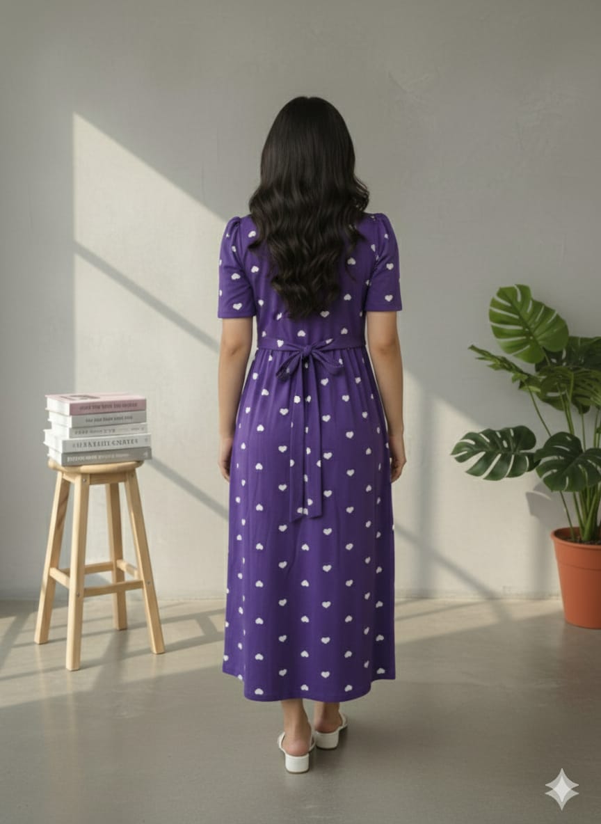 Zipless Feeding Maternity Wear with Puff Sleeve Purple White heart