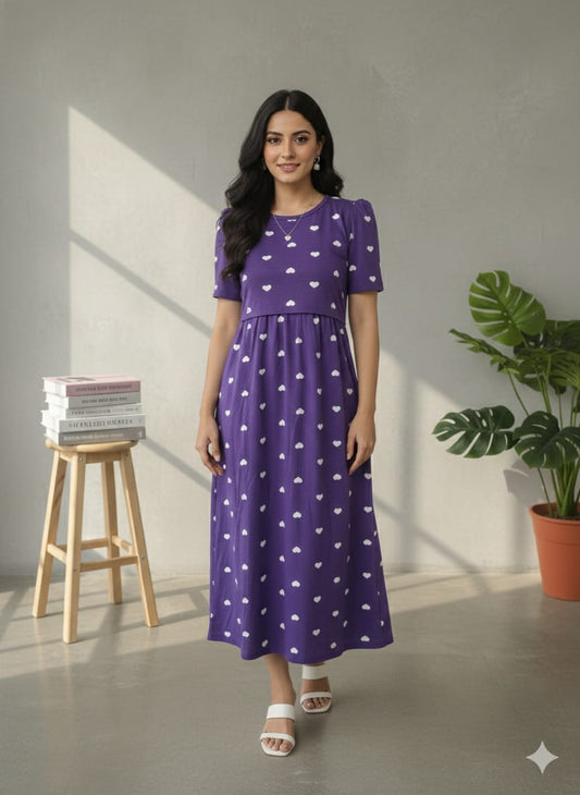 Zipless Feeding Maternity Wear with Puff Sleeve Purple White heart