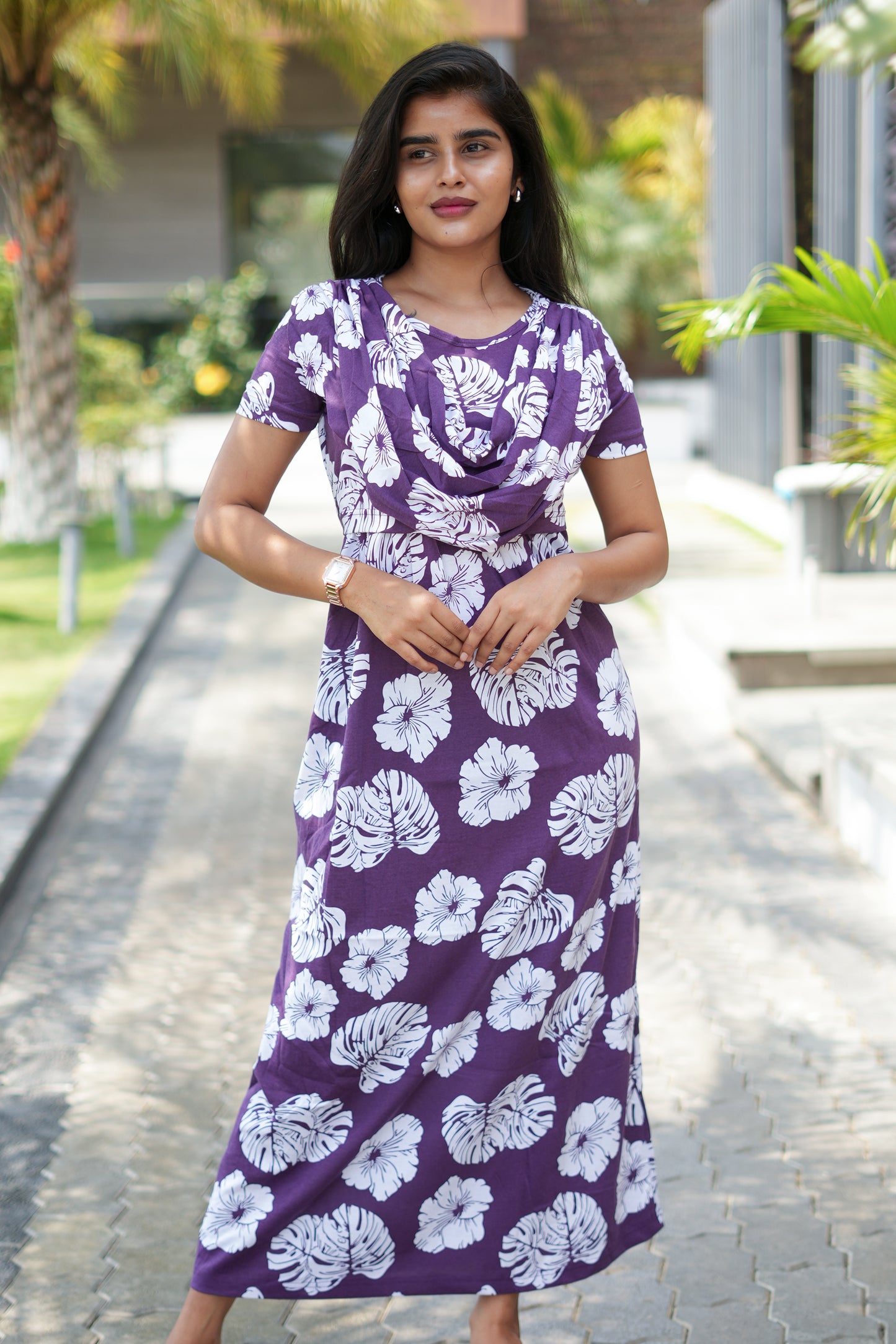 Zipless Maternity Wear Feeding with Shawl Purple White leaf