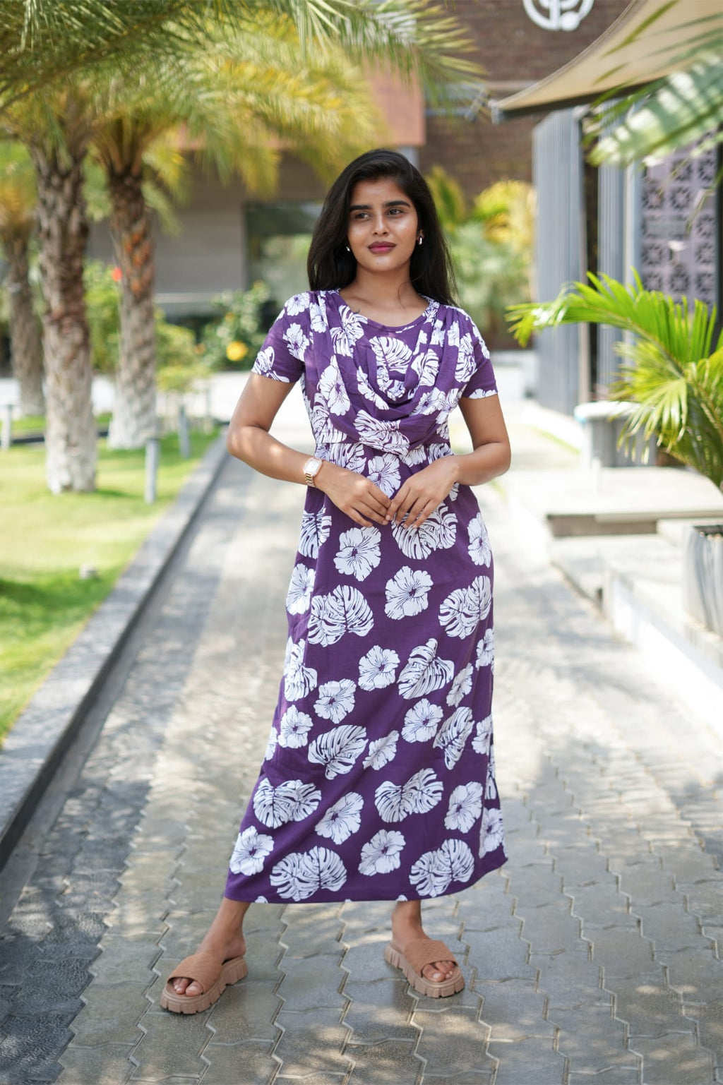 Zipless Maternity Wear Feeding with Shawl Purple White leaf