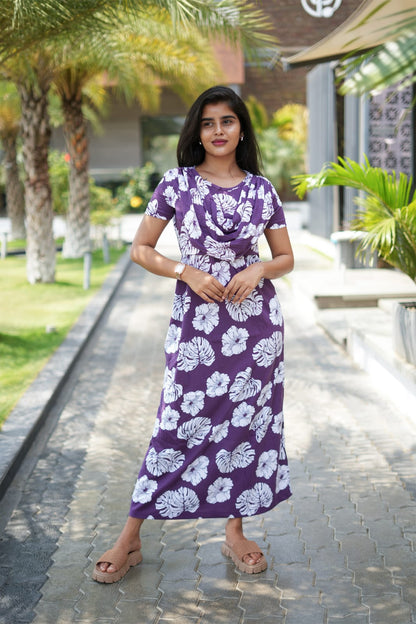 Zipless Maternity Wear Feeding with Shawl Purple White leaf