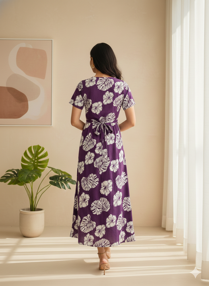 Zipless Maternity Wear Feeding with Shawl Purple White leaf