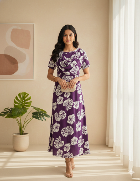 Zipless Maternity Wear Feeding with Shawl Purple White leaf