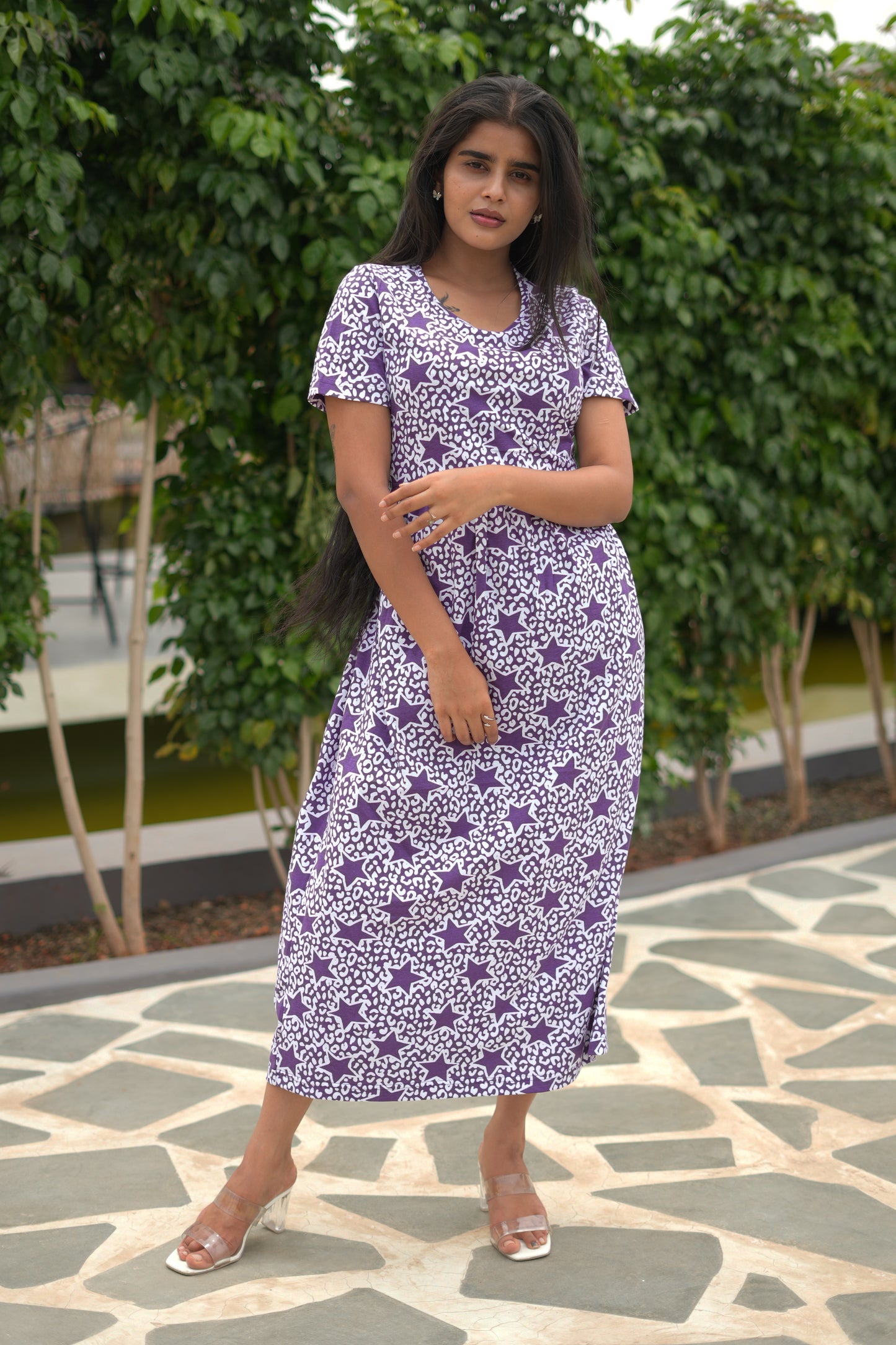 Zipless Feeding Maternity Wear without Puff Sleeve Purple White Star