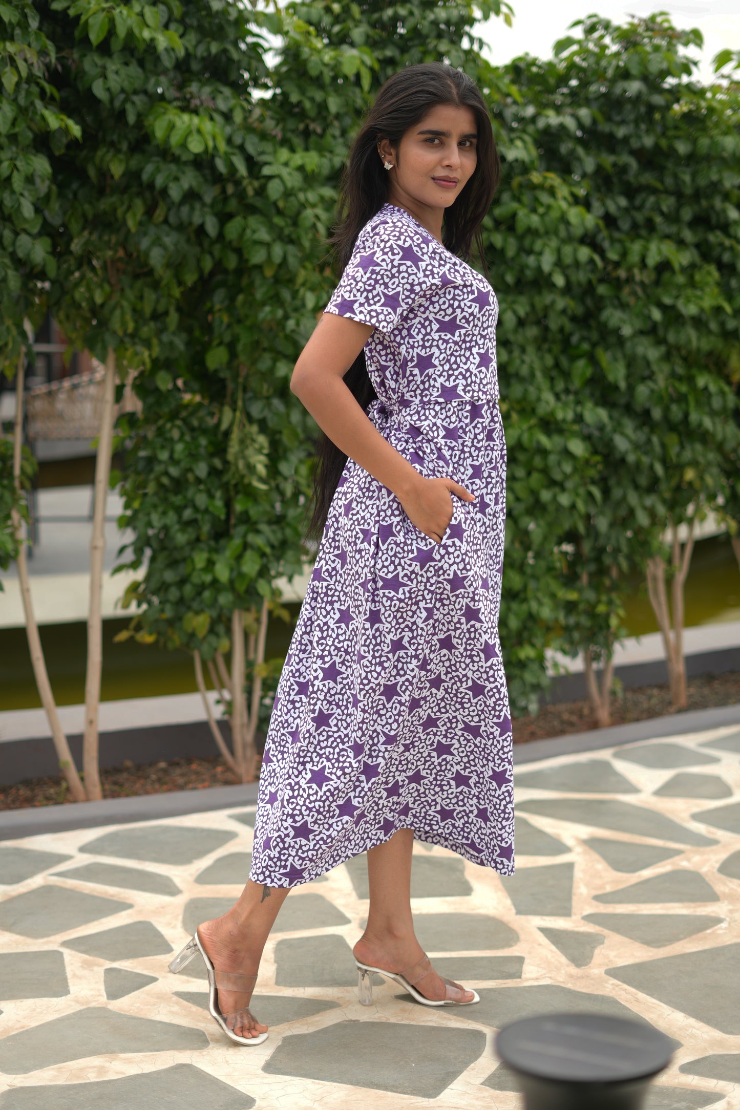 Zipless Feeding Maternity Wear without Puff Sleeve Purple White Star