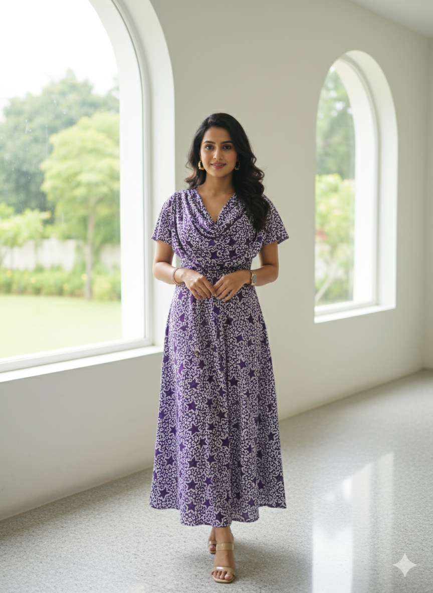 Zipless Maternity Wear Feeding with Shawl Purple white star
