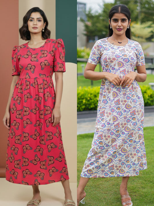 Red Butterfly & Halfwhite Purple Floral Printed Maxi Dress Combo for Women
