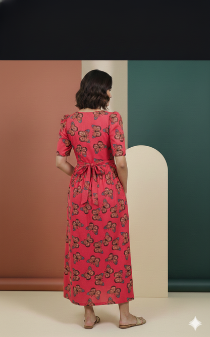 Red Butterfly & Halfwhite Purple Floral Printed Maxi Dress Combo for Women