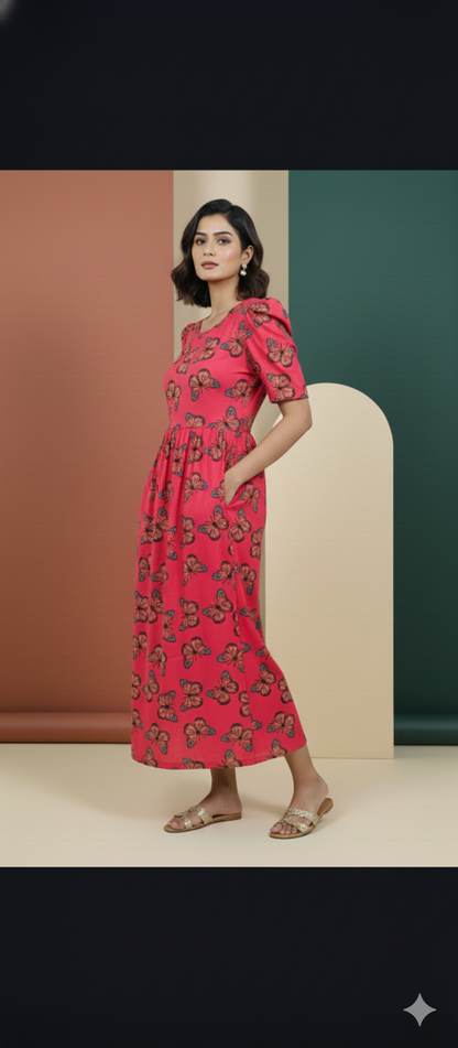 Red Butterfly & Halfwhite Purple Floral Printed Maxi Dress Combo for Women