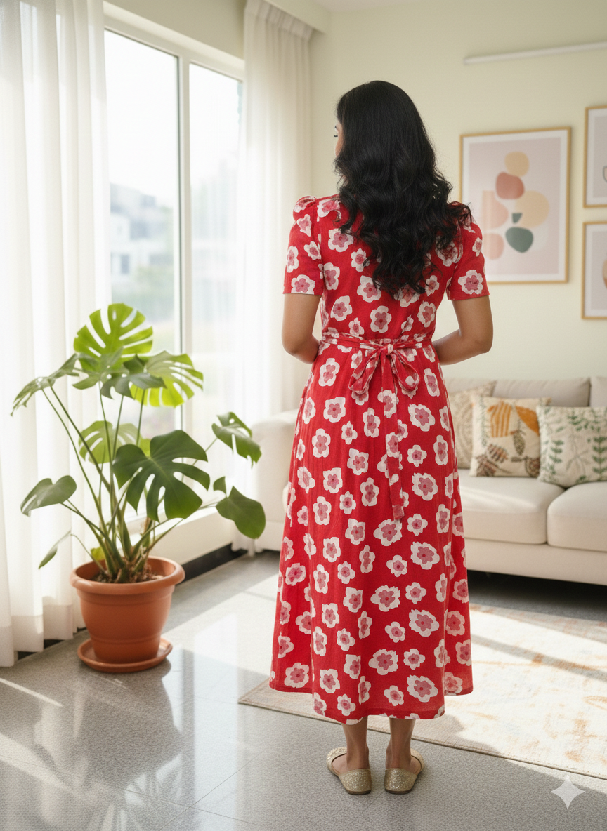 Capri Feeding Wear with Puff Sleeve Red Floral