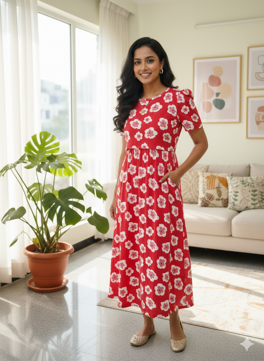 Capri Feeding Wear with Puff Sleeve Red Floral