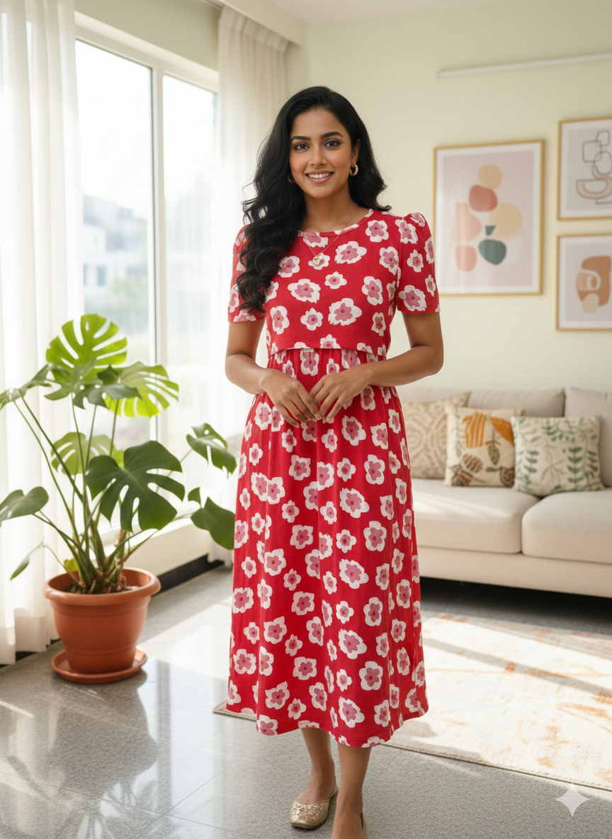 Capri Feeding Wear with Puff Sleeve Red Floral