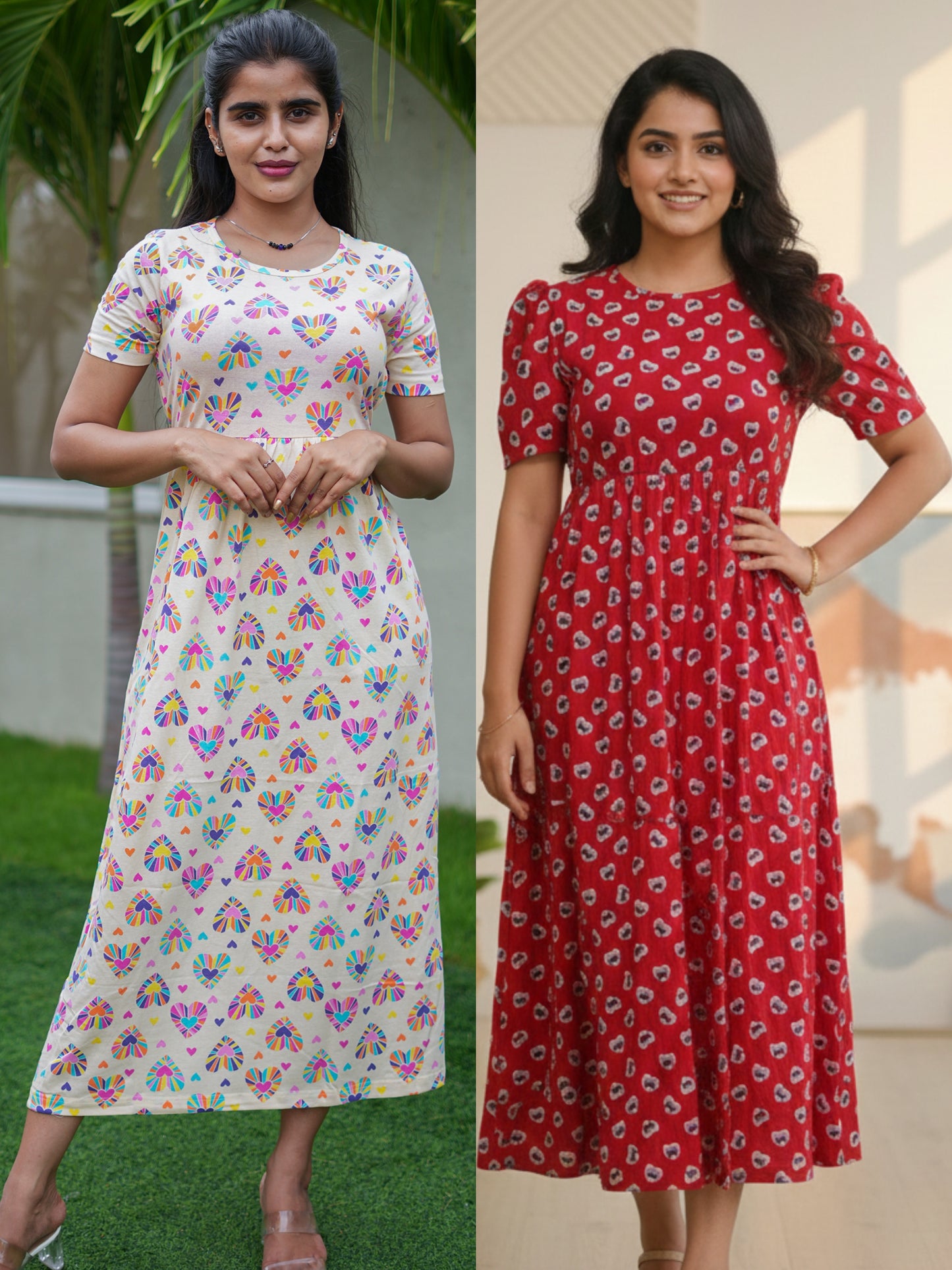 Women’s Printed White Multi Heart & Red Eye Maxi Dress Combo