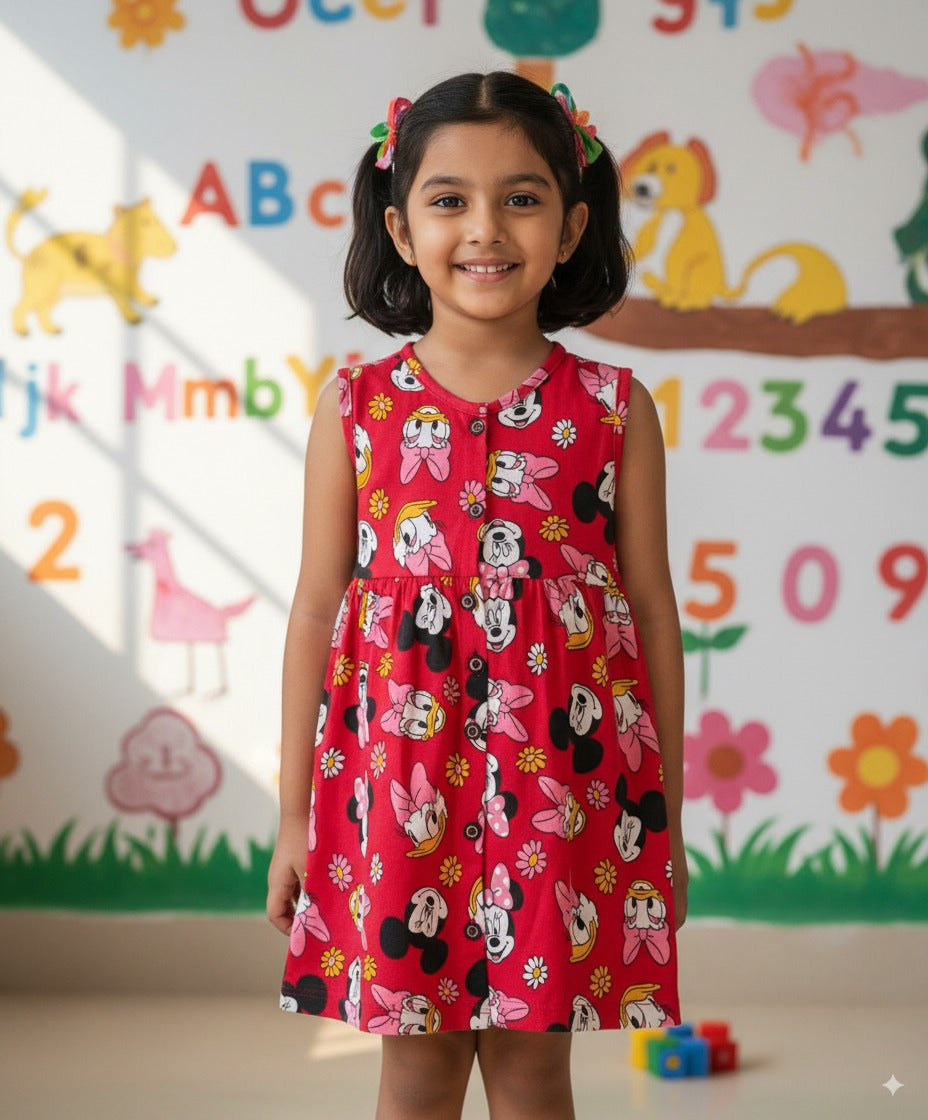 Red Mickey Printed Girls Frock
