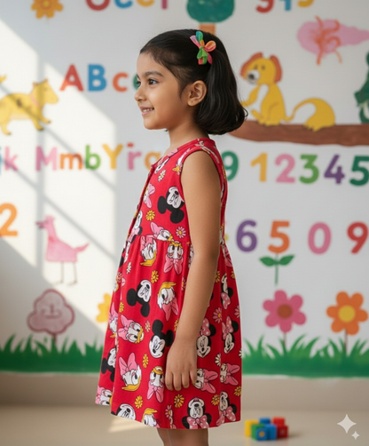 Girls Cute Printed Frocks Combo of 3 Navy orange, Butterfly pink Red Mickey