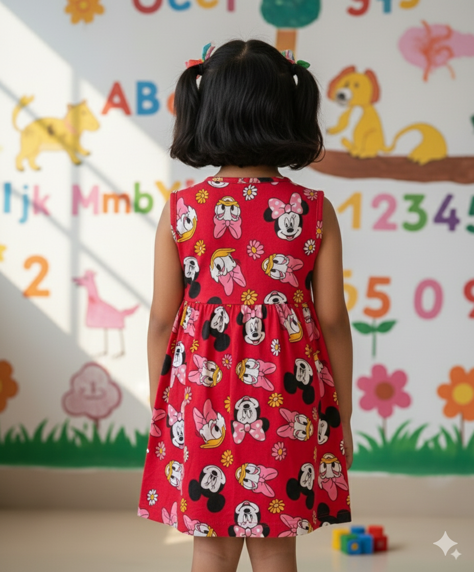 Girls Cute Printed Frocks Combo of 3 Navy orange, Butterfly pink Red Mickey