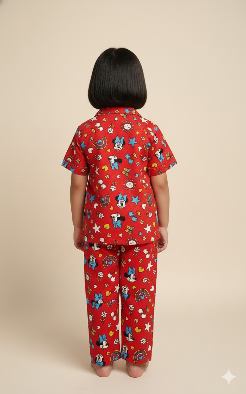 Kids All over printed night suit pack of 3 red Rainbow  yellow mickey and  Brown Daisy