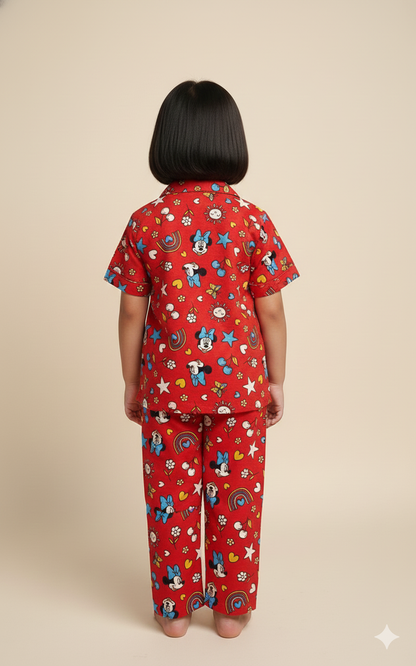 Kids All over printed night suit pack of 3 red Rainbow  yellow mickey and  Brown Daisy