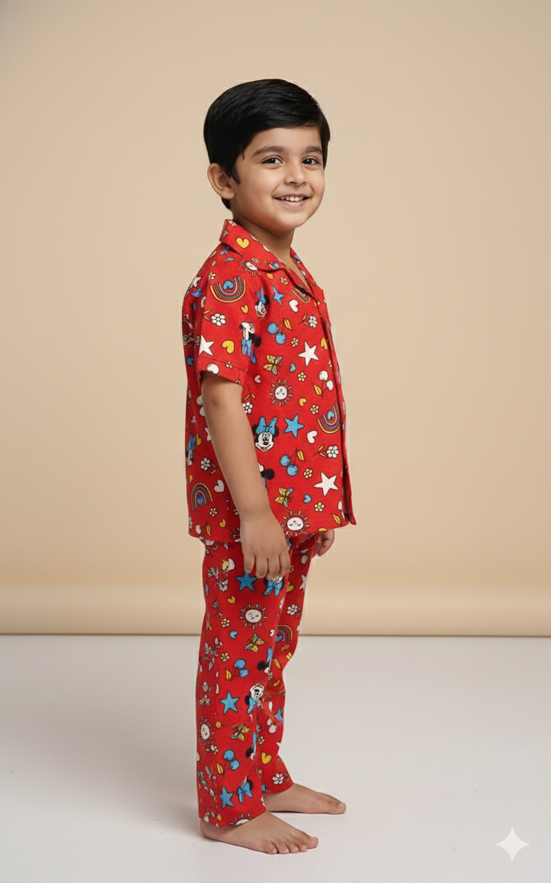 Kids All over printed night suit pack of 3 red Rainbow  yellow mickey and  Brown Daisy