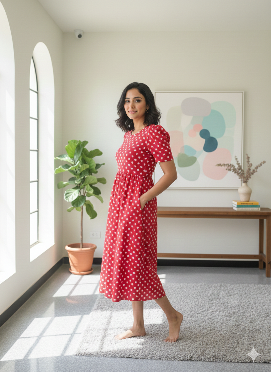 Capri Feeding Wear with Puff Sleeve Red Star