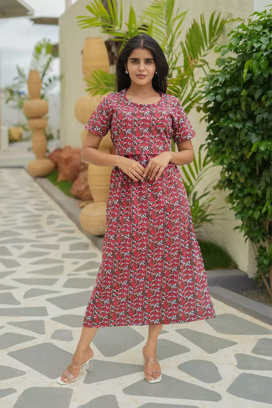 Zipless Feeding Maternity Wear without Puff Sleeve Red Brown